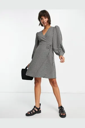 SELECTED Femme wrap mini dress with volume sleeves in mono gingham