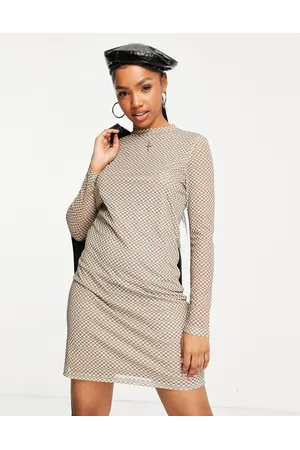 Pieces Fenola long sleeve mesh bodycon mini dress in beige check