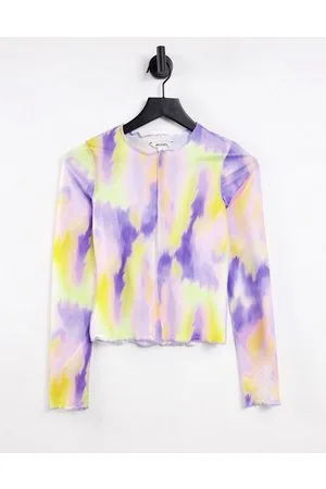 Monki Long sleeve mesh top in lilac print