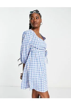 JDY Wrap mini dress with tie waist in blue gingham
