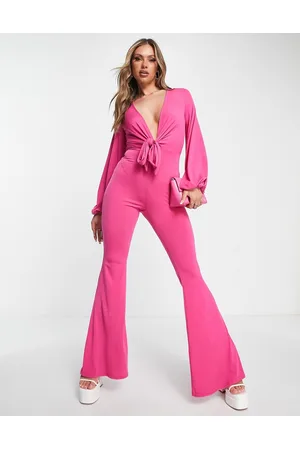 ASOS Glam plunge tie front jumpsuit in slinky in bright