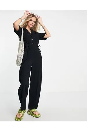 Topshop Textured button through drawstring jumpsuit in