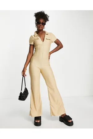 ASOS Collar zip front 70s rib jumpsuit in stone