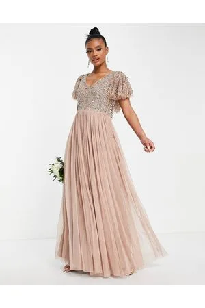Beauut Bridesmaid emellished bodice maxi dress with flutter sleeve in taupe