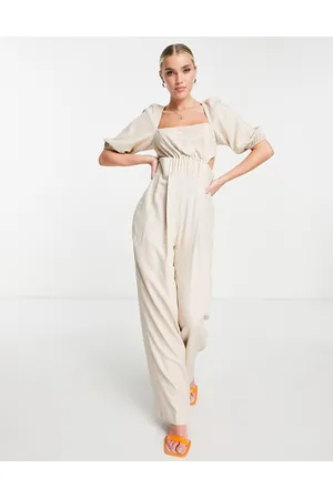 ASOS Ruched waist puff sleeve linen jumpsuit in stone