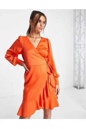 Style Cheat Ruffle wrap satin mini dress in tangerine