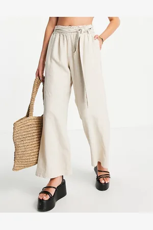 JDY Wide leg belted linen trousers in oatmeal