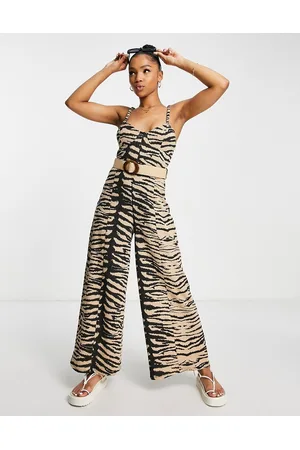 ASOS Corset wide leg jumpsuit with wicker belt in zebra print