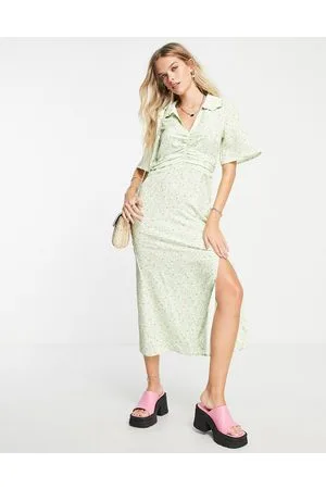 ONLY Collar detail v neck midi dress in green floral