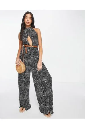 ASOS Plisse halter cut out jumpsuit with belt in spot print
