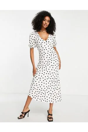 MANGO V neck puff sleeve polka dot midi dress in