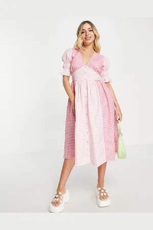 Influence V neck midi dress in mixed gingham
