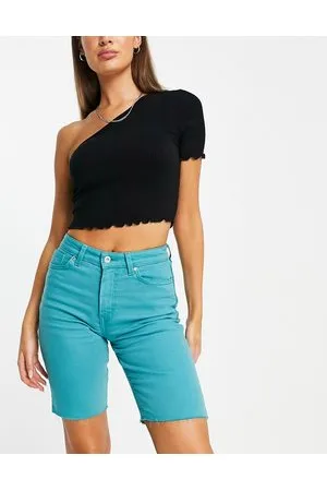 ONLY Emily raw hem longline denim shorts in turquoise