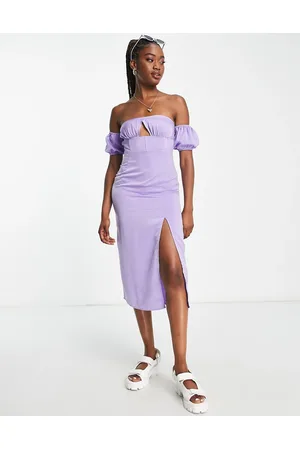 NaaNaa Puff sleeve bardot midi dress in lilac
