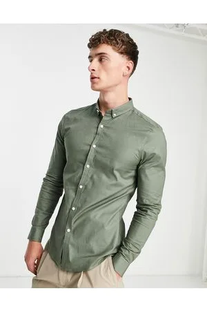 New Look Smart long sleeve muscle fit oxford shirt in khaki
