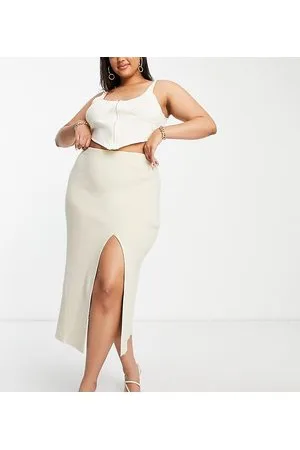 Pretty Lavish Curve Fine knit thigh split midi skirt co-ord in beige