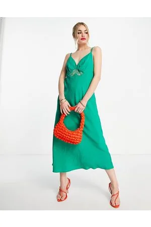 MANGO Tie detail lace insert satin midi dress in