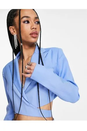 KYÒ The Brand wrap detail tie back cropped blazer co-ord in cornflower