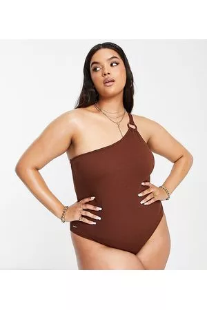 River Island One shoulder textured swimsuit in