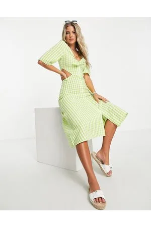 Monki Tie front cut out midi dress in gingham