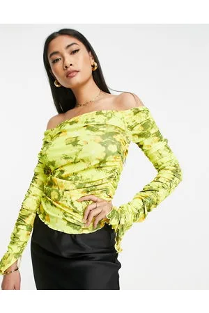 Topshop Blurred floral mesh long sleeve frill bardot top in