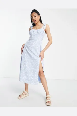 The Frolic Cami midi dress with tie straps and ruched bust in vintage ditsy floral