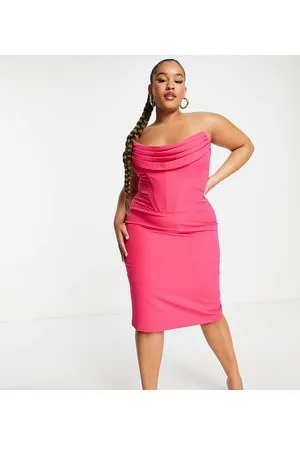 Lavish Alice Cowl neck corset detail midi dress in magenta