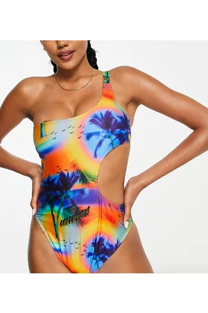 COLLUSION Palm print cut out one shoulder swimsuit in