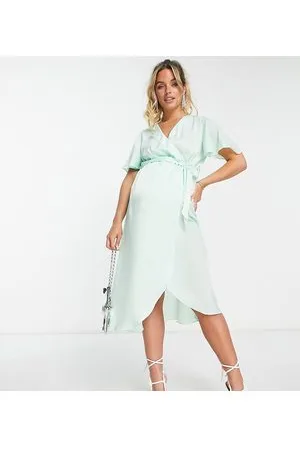River Island Flutter sleeve satin wrap midi dress in sage