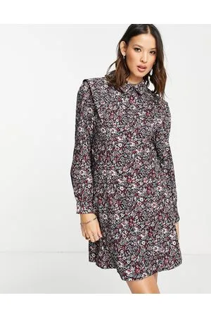 Object Cotton long sleeve button front dress in floral