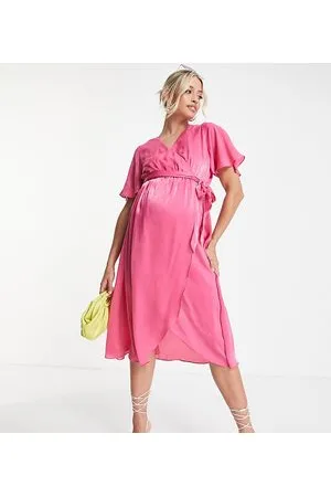 River Island Flutter sleeve satin wrap midi dress in bright