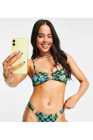 COLLUSION Checkerboard floral ring trim bikini bottom co-ord in - MBLUE