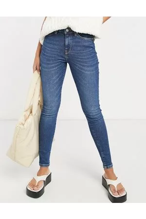 SELECTED Femme cotton blend Sophia skinny jeans with mid rise in dark - MBLUE