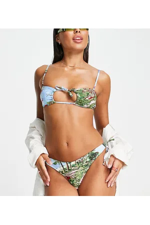 Reclaimed Inspired bikini top with tie front in retro postcard print