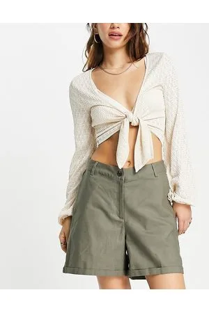 NA-KD Elastic waist linen shorts in khaki