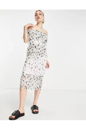 River Island Bardot spot ruffle midi dress in cream