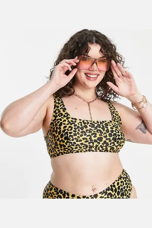 Reclaimed Inspired Plus square neck bikini top in leopard print