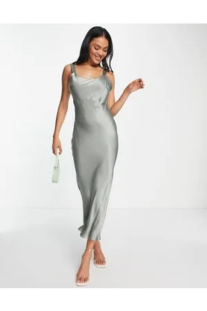 SNDYS Low back satin midi dress in khaki