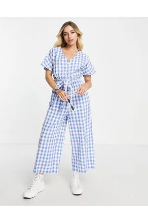 Monki Tie waist seersucker jumpsuit in blue gingham
