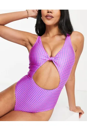 Topshop Gingham knot front swimsuit in neon