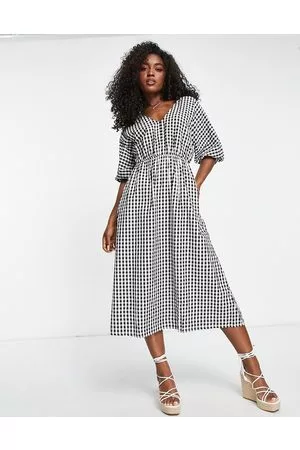 MANGO Lace up back puff sleeve midi dress in gingham print