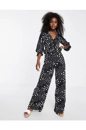 Miss Selfridge Tie front wide leg jumpsuit in mix spot print