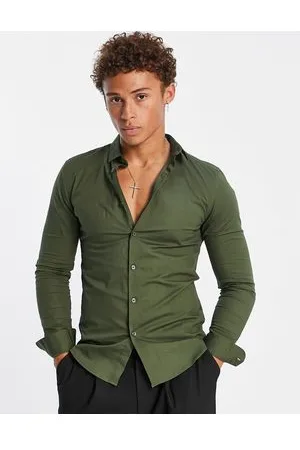New Look Long sleeve muscle fit poplin shirt in khaki