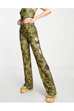 The Kript High waisted slim fit trousers in retro print with ring detail co-ord