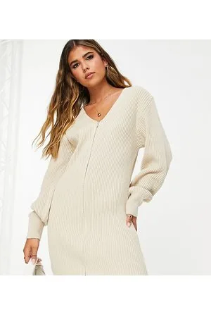 In The Style Exclusive knitted zip detail volume sleeve mini dress in oatmeal