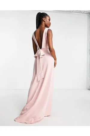 TFNC Bridesmaid bow back maxi dress in muted blush
