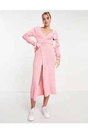 Glamorous Wrap tie waist midi jumper dress in candy pink