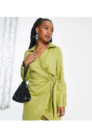 Extro & Vert Petite Wrap front mini dress in olive