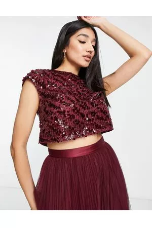 ASOS DESIGN Bridesmaid co-ord sequin top with ribbon bow back in wine