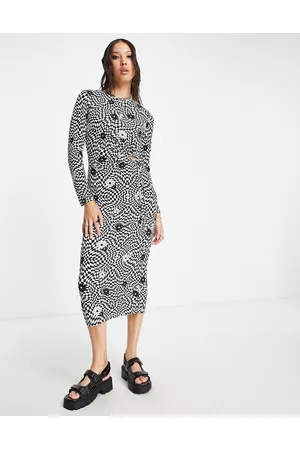 ONLY Side ruched midi dress in black floral check